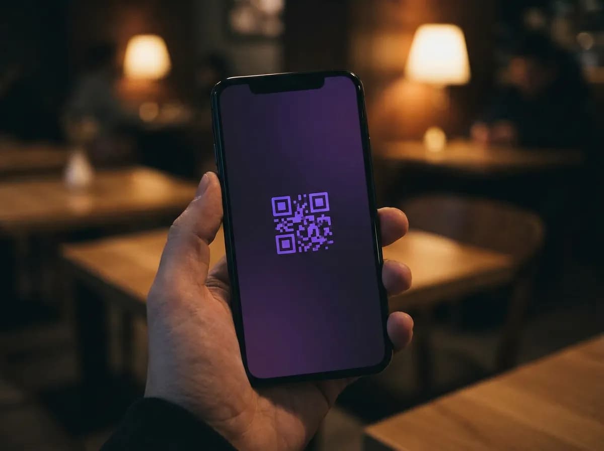 Printed QR code on a café table tent beside a smartphone
