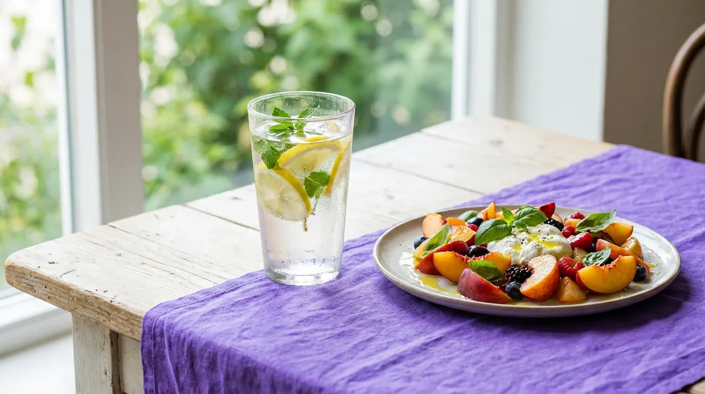 Stone-fruit salad and citrus water on a sunlit café table