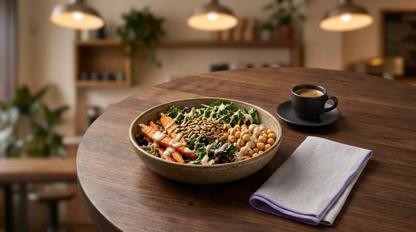 Seasonal grain bowl and espresso on a café table